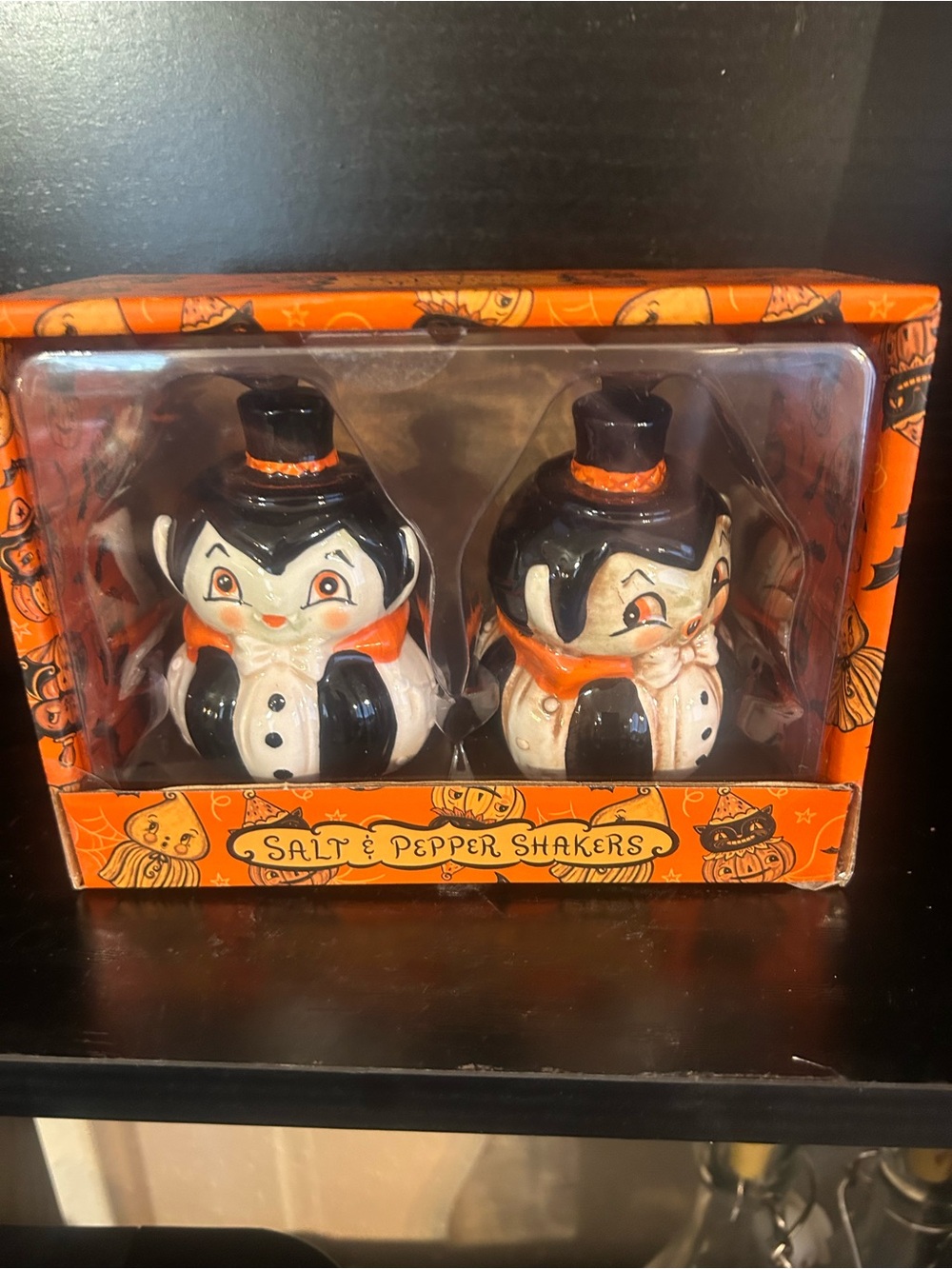 Vintage-Inspired Halloween Black & Orange JP Vampire Salt and Pepper Shaker Set